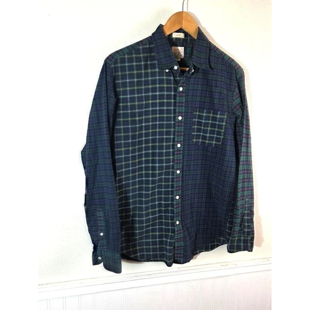 J.Crew Broken In Oxford Shirt Men M Slim Blue Plaid Patchwork Organic Cotton